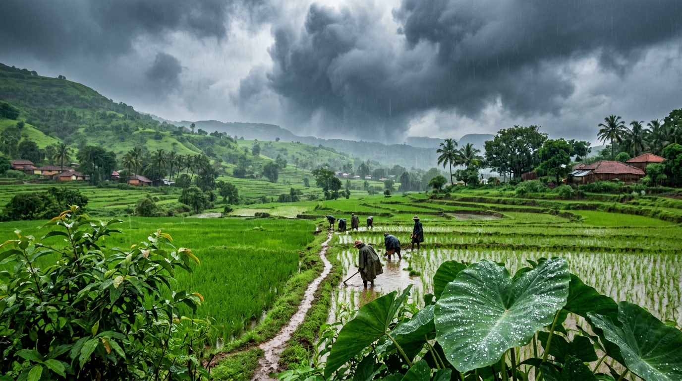 Indian monsoon rain over green fields